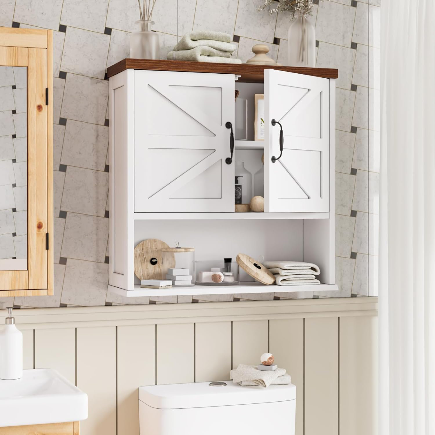 Gracie Oaks Farmhouse Style Bathroom Wall Cabinet with Barn Doors | Wayfair