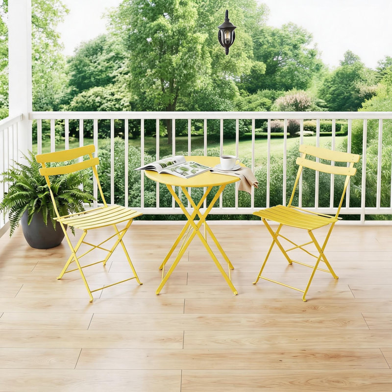 Ensemble de bistro pliant 3 pièces, table de patio et 2 chaises, sans assemblage, jaune vieilli