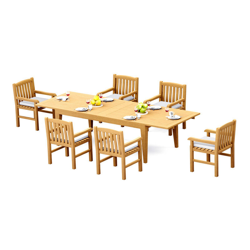 Ensemble de salle à manger 6 places en bois de teck de qualité A, 6 pièces: table rectangulaire à double extension Caranas de 122 po et 6 chaises avec accoudoirs Devon # 11DV2906