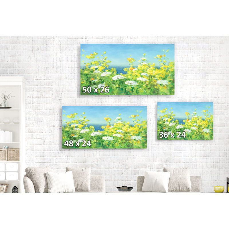 Fleurs à l'heure d'or, jaune, vert, bleu, cyan, plage, vue sur l'océan, blanc, aéré, lumineux, H 16 po x l 24 po x P 1,5 po