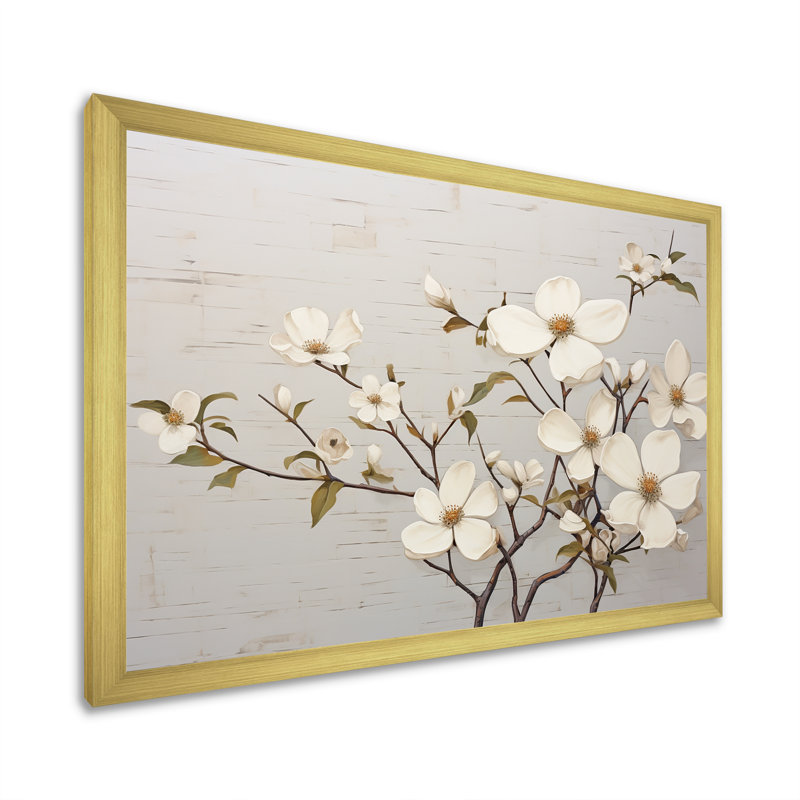 «White Dogwood Blossom Scenery VII», reproduction sur toile, H 16 po x l 32 po x P 1 po, Cadre doré à coins fermés