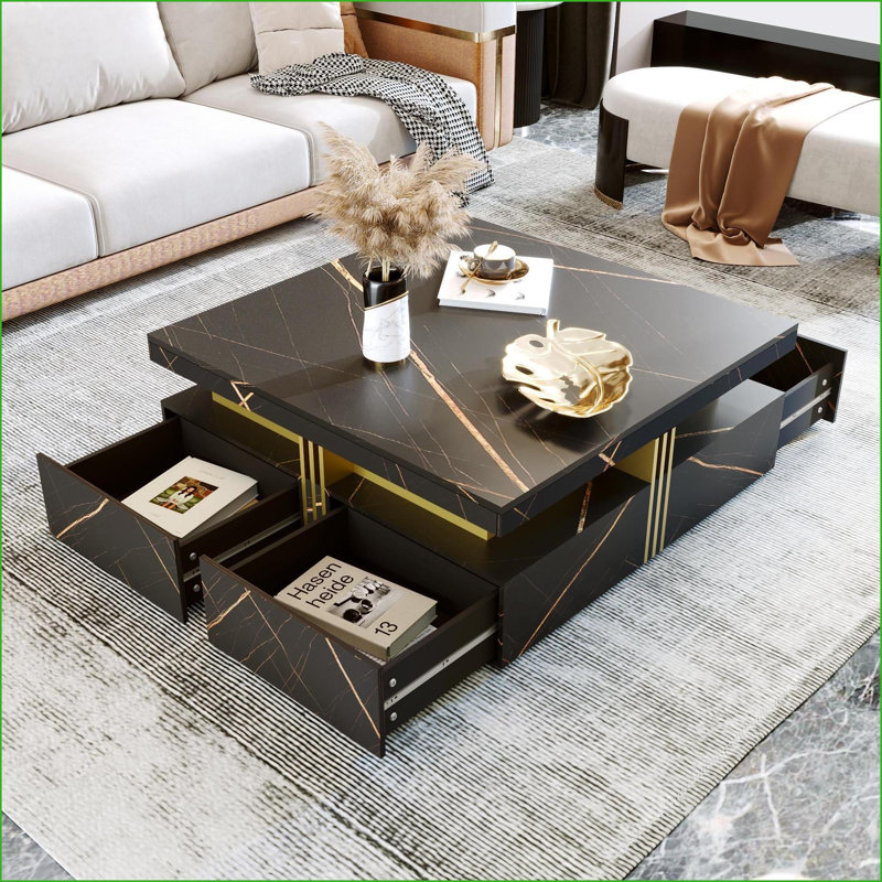 Table basse moderne moderne avec 4 tiroirs, panneau de fibres à densité moyenne durable pour le rangement du salon