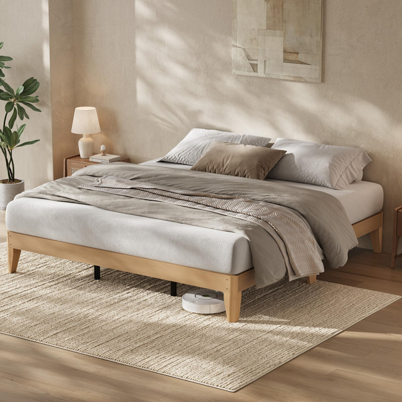 Base de lit plateforme en bois, lattes et pieds en bois robuste, support central en métal robuste, California King, Yellow