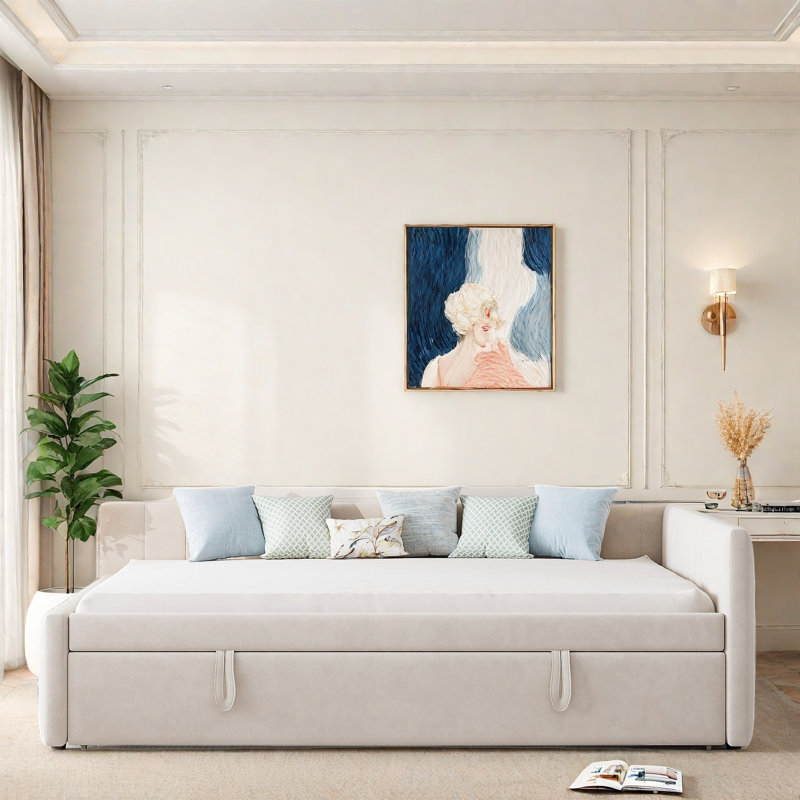 Upholstered L-shaped Daybed With Pop Up Trundle And Vertical Stripe Patterns, Beige