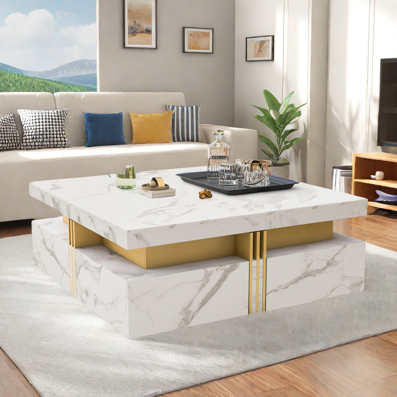 Table basse moderne carrée avec rangement à 4 tiroirs et détails dorés