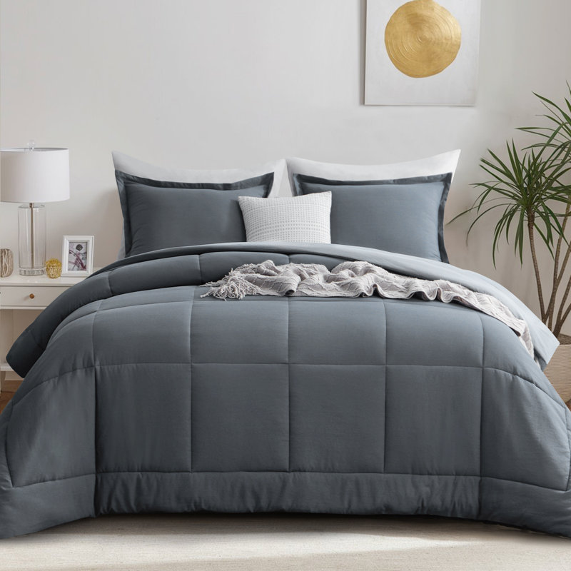 Ensemble d'édredon réversible en microfibre prélavée, Gris, Édredon très grand + 2 taies décoratives très 