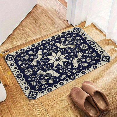 Tapis lavable antidérapant en flanelle à motif floral Folk Art Bird, 20 x 32 po