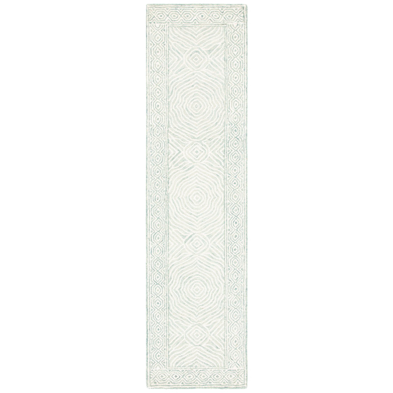 Tapis vert / bleu en laine touffeté à la main Antim, Tapis de couloir 2 pi 3 po x 9 pi
