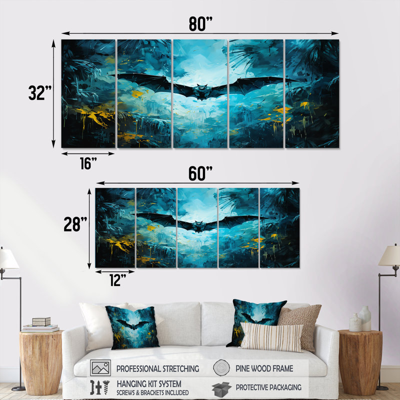 «Blue Watercolor Night Bat Charm II - Bat», art mural 5 pièces, H 28 po x l 60 po
