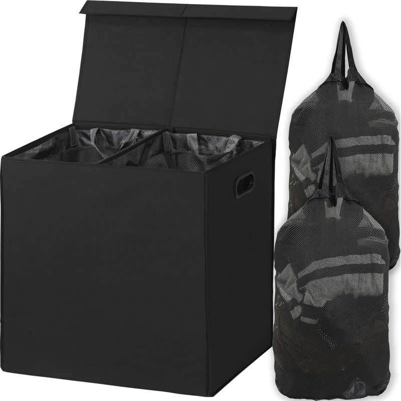 Double Laundry Hamper With Lid And Removable Bags, Black