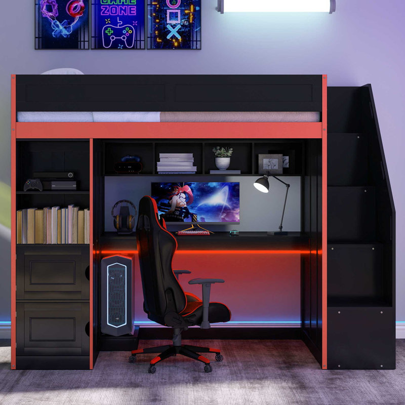 Lit mezzanine Croton Gaming avec bureau, rangement et lumières DEL