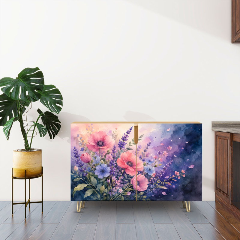 Buffet Buffet avec rangement Bouquet d'aquarelle dégradé de fleurs sauvages lavande avec 2 portes pour le salon et la cuisine