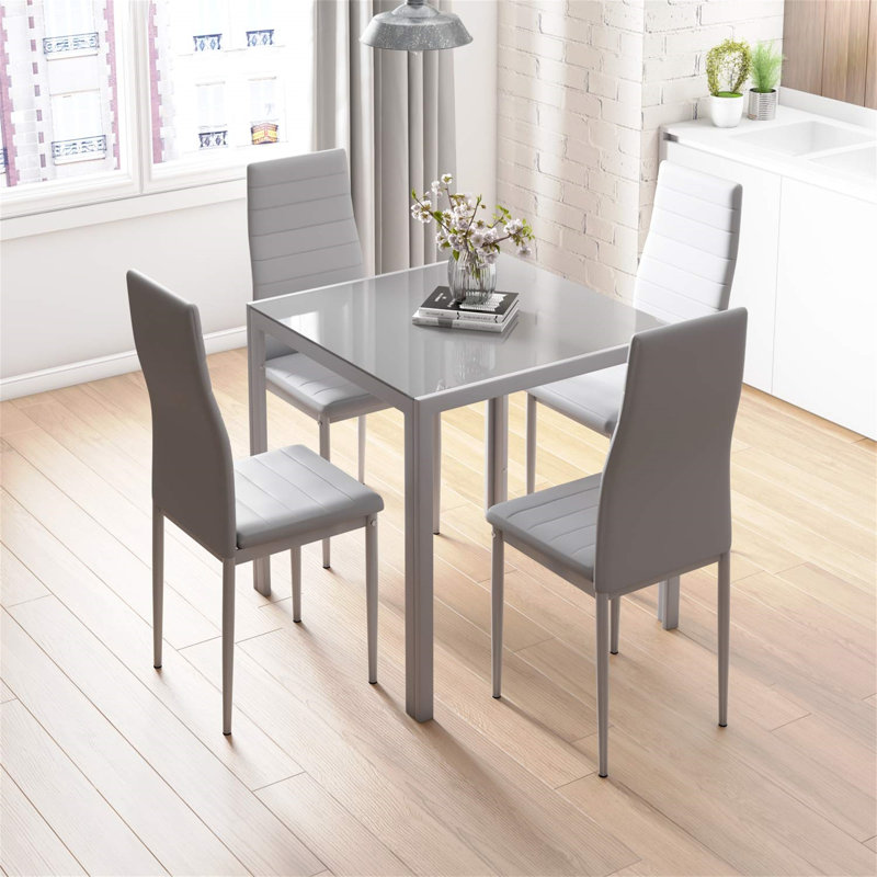 Dorrien Glass Top Metal Base Dining Table, Grey