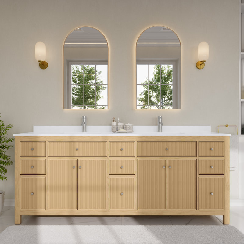 Ensemble de meuble-lavabo double autoportant 84 po avec plateau Pendry, Chêne tanné, Nickel brossé
