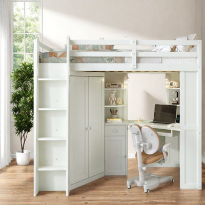 Lit mezzanine double gain de place avec armoire en bois et espace de travail moderne