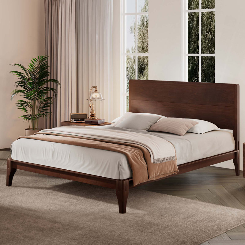 Mid-Century Modern 12 Inch Bamboo Wood Platform Bed With Wood Slat Metal Support, Chocolate, Full