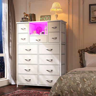 13 Drawer Tall Dresser For Bedroom With Open Shelves & Led Lights, Chest Of Drawers With Charge Station