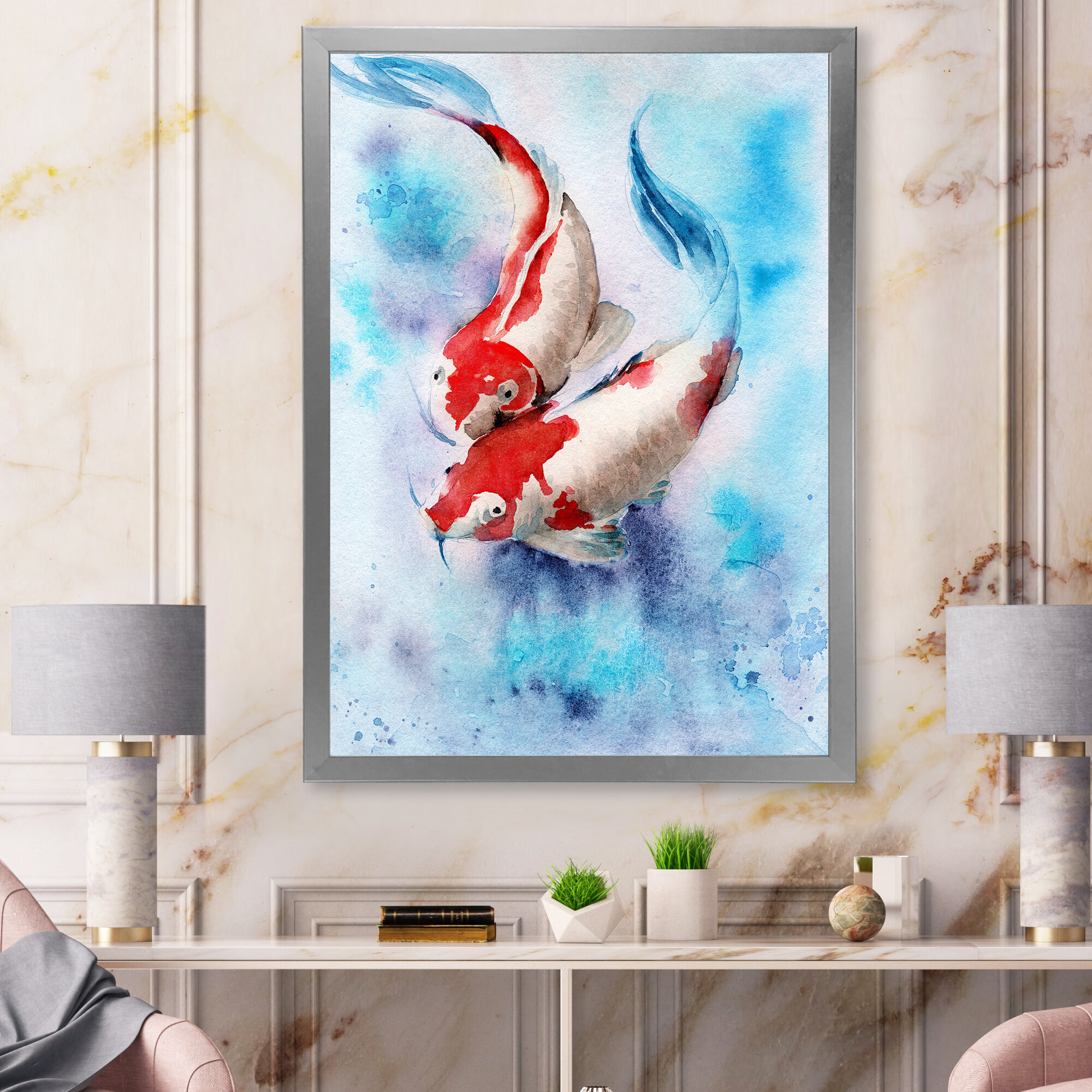 Two Koi Fish. Red Spots in Transparant Blue Water - Painting On Canvas East Urban Home Size: 40 H x 30 W, Format: Black Floater Frame Canvas