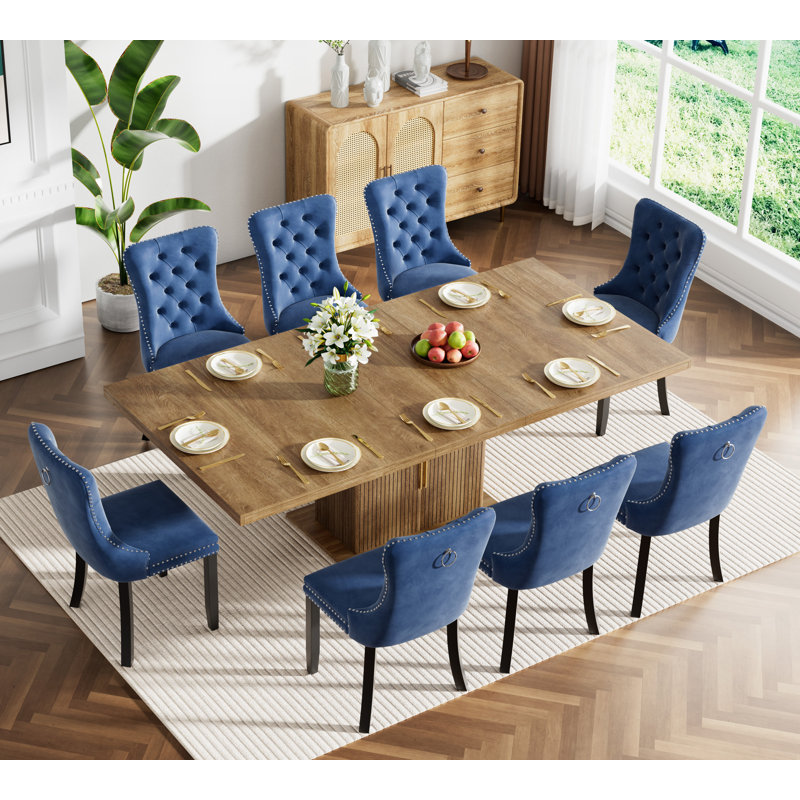 62.99" -78.74" Extendable Dining Table Set, Brown Dining Room Table with Storage & Velvet Dining Chairs with Wood Leg, Rustic Kitchen Dining Table and Chairs Set, Modern Dining Table Set