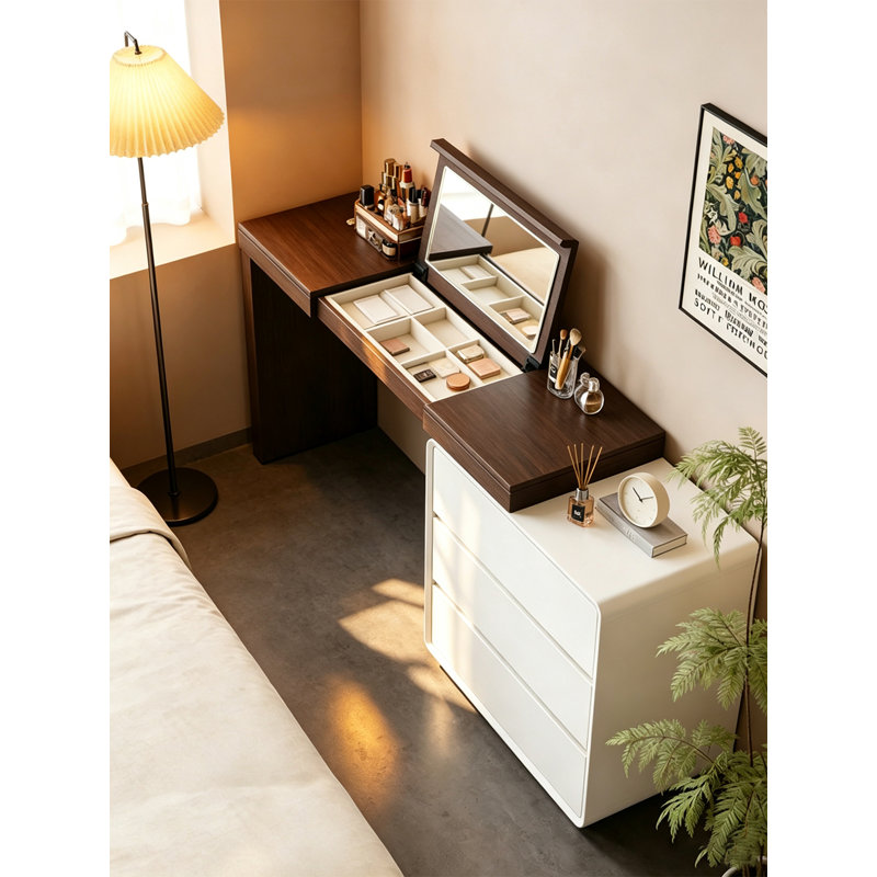 Table de coiffeuse à deux tons avec miroir rabattable et armoire d'appoint
