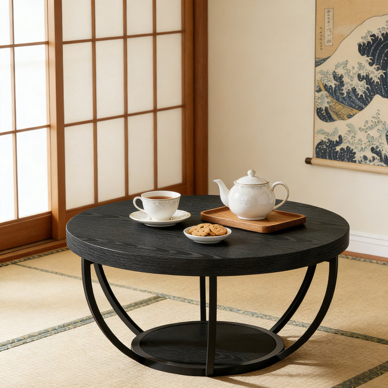 Table basse ronde, table basse circulaire en bois à 2 niveaux de 31,7 po avec tablettes de rangement, table d'appoint moderne pour le salon