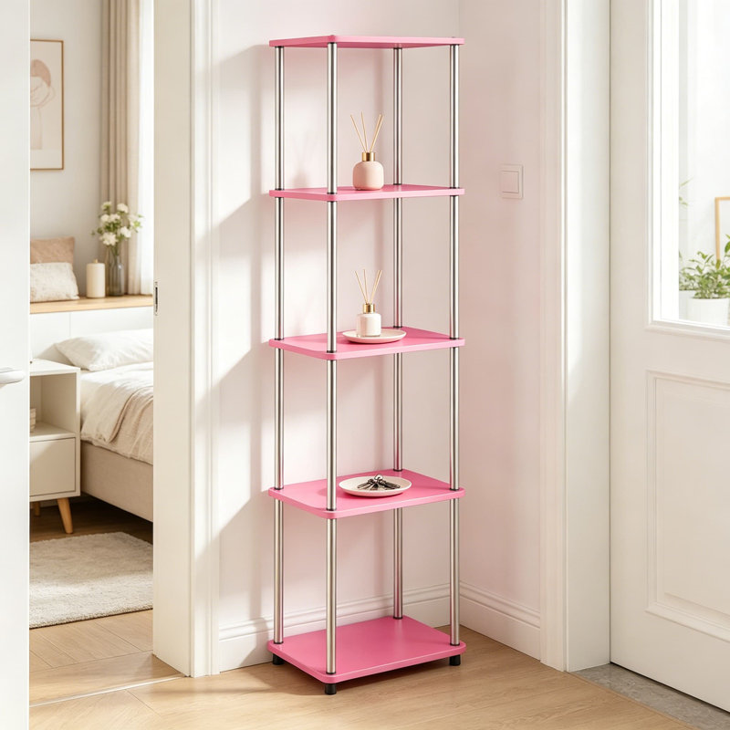 Étagère à 5 niveaux Designs2Go No Tools, finition rose et chrome, structure en acier robuste avec tablettes en bois manufacturé