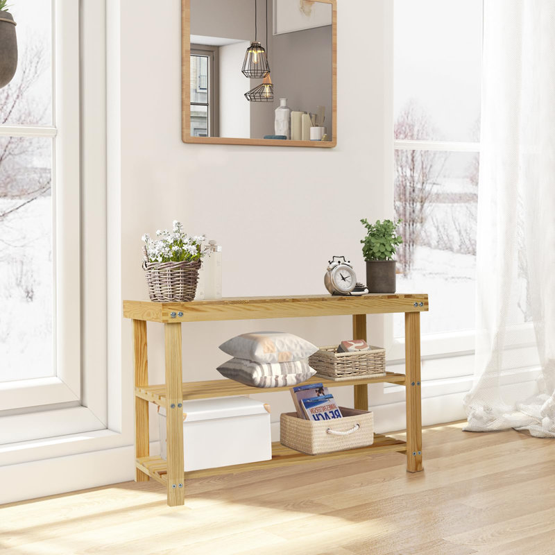 Compact Wood Color-Modern Pine Shoe Rack Bench, 3-Tier Storage