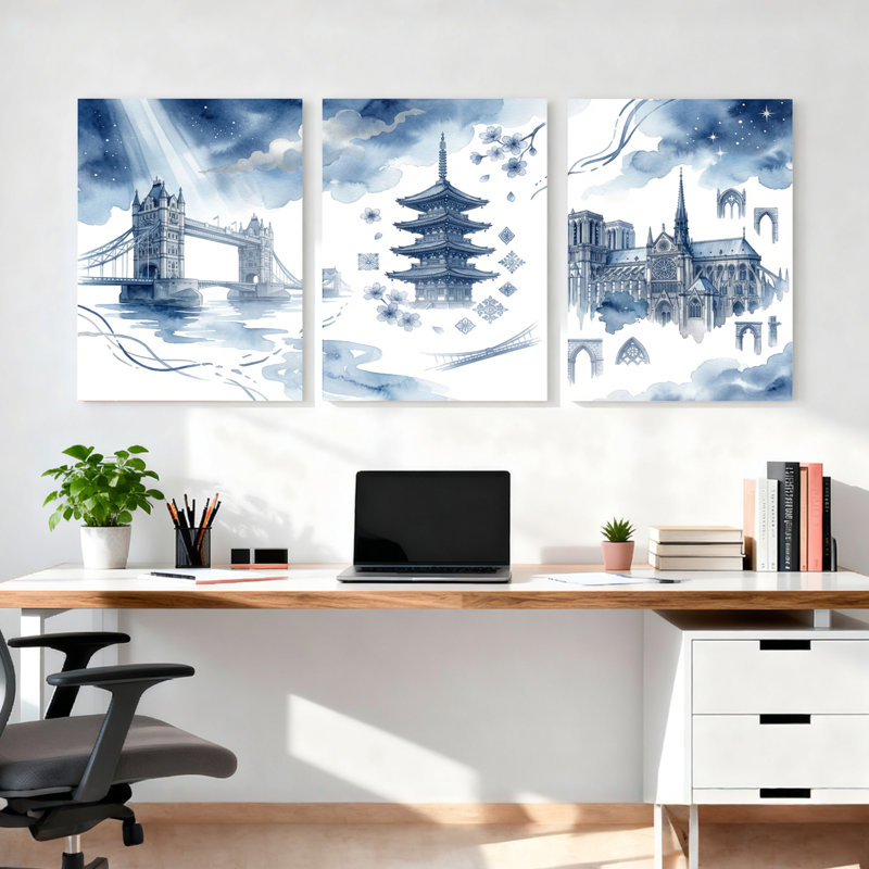 Ensemble de 3 tableaux sur toile représentant des monuments du monde en bleu et blanc, pour la décoration du salon, de la chambre et de la maison.