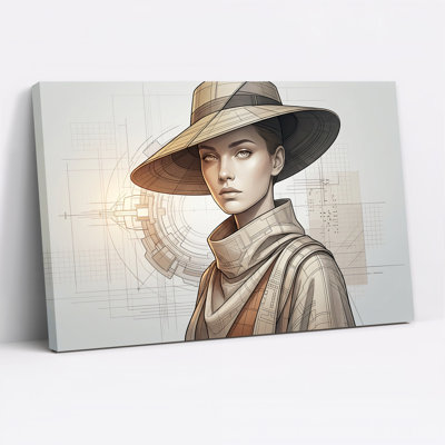 Woman In Wide Brim Hat With Beige Schematic Background Canvas Wall Art