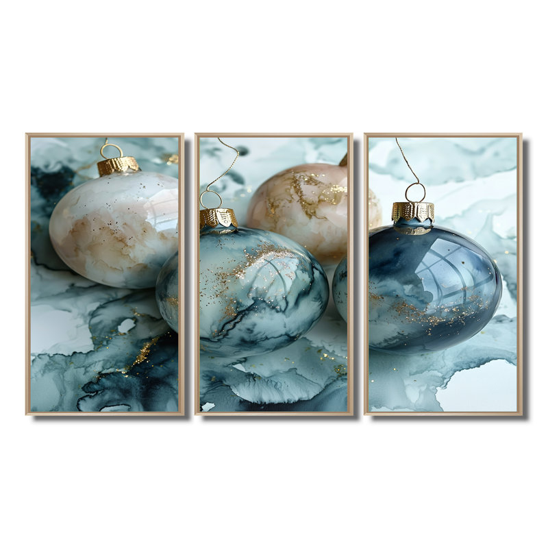 Ornement vert or scintillant I - ensemble de décoration murale de Noël, Toile naturelle avec cadre flottant