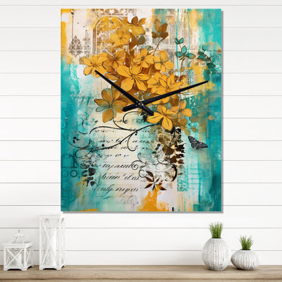 Horloge murale fleurs jaunes sur turquoise - rose