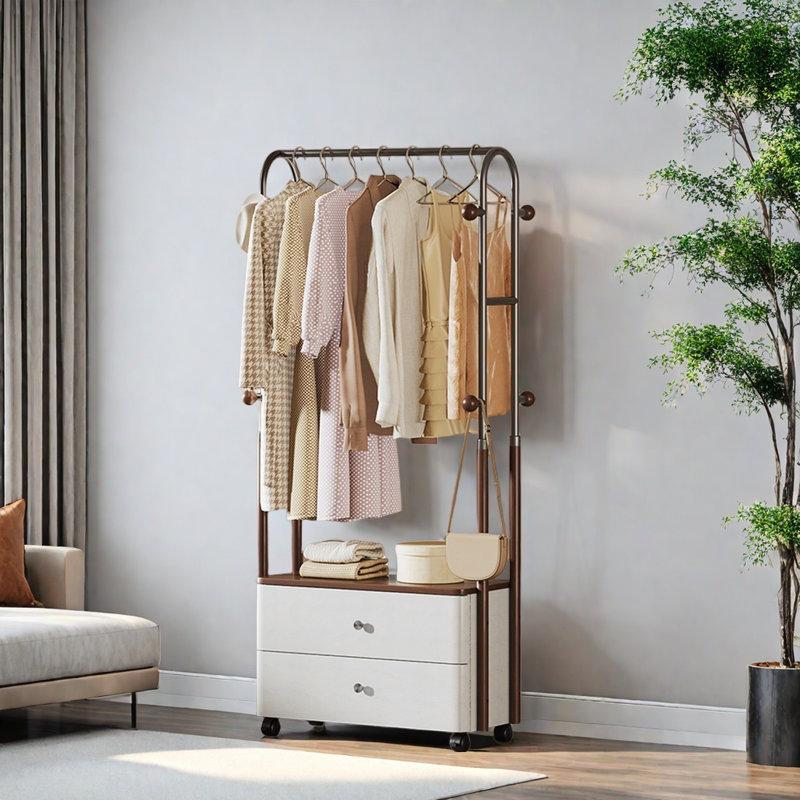 Coat Rack with Drawers Stainless Frame, Walnut