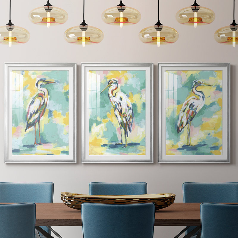 Bright Heron Fresco I - reproduction sur mesure encadrée de qualité supérieure - 3 pièces