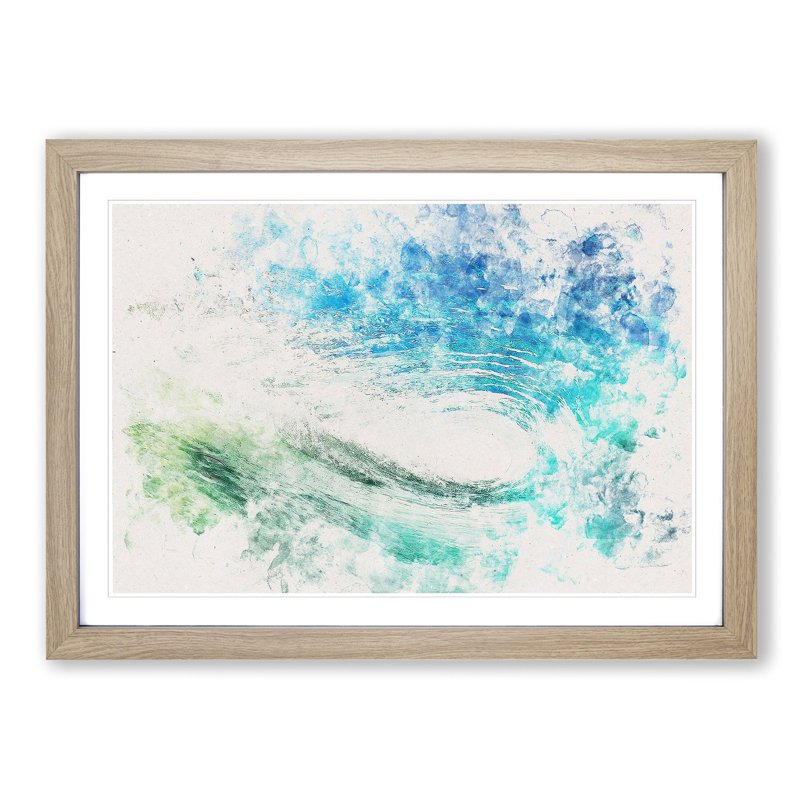 Within The Wave In Blue & Green Watercolour - Picture Frame Graphic Art, 62cm H x 87cm W x 2cm D, Oak