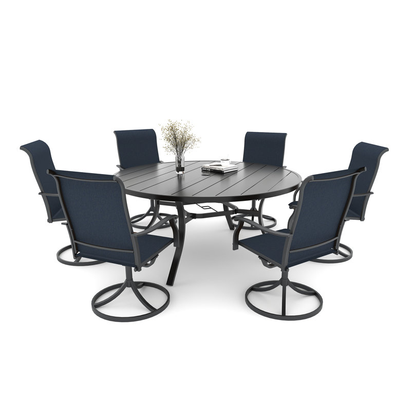 6 - Person 54" Round Patio Dining Sets With Swivel Chairs, Navy