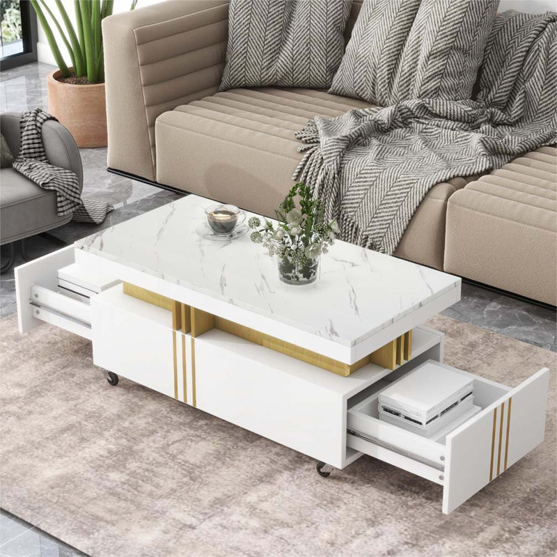 Table basse rectangulaire avec tiroirs et roulettes