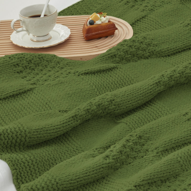 Jeté à carreaux en chenille pour lit, canapé et lit, L 50 po x L 60 po, Vert olive