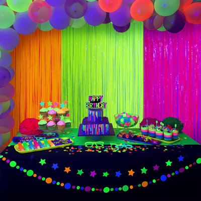 Fluorescent Tinsel Foil Fringe Backdrop Neon Fringe Streamers for Neon Birthday Party Decorations