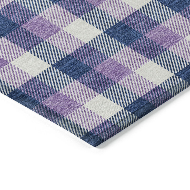 Navy and Purple Plaid Synthetic Washable Area Rug