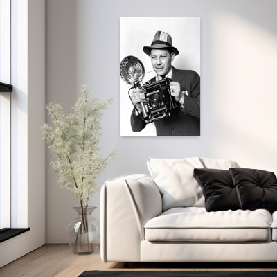 1930s 1940s 1950s PRESS PHOTOGRAPHER MAN HOLDING SPEED GRAPHIC CAMERA WITH FLASH BULB ILLUMINATION 1 Piece Wrapped Canvas Wall Art
