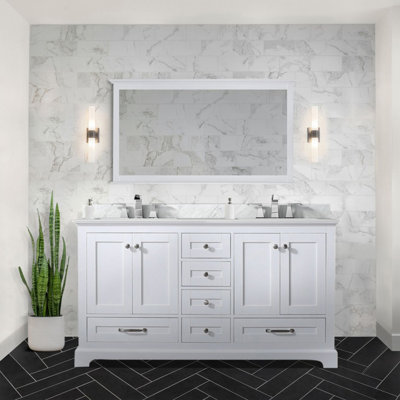 White Double Bath Vanity 60 In. W X 22 In. D, Carrara Marble Top, Faucet Set, And 58 In. Mirror