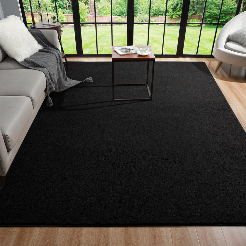 Rectangle Mardena Solid Color Machine Tufted Shag Microfiber Area Rug in Black, Rectangle 5' x 8'