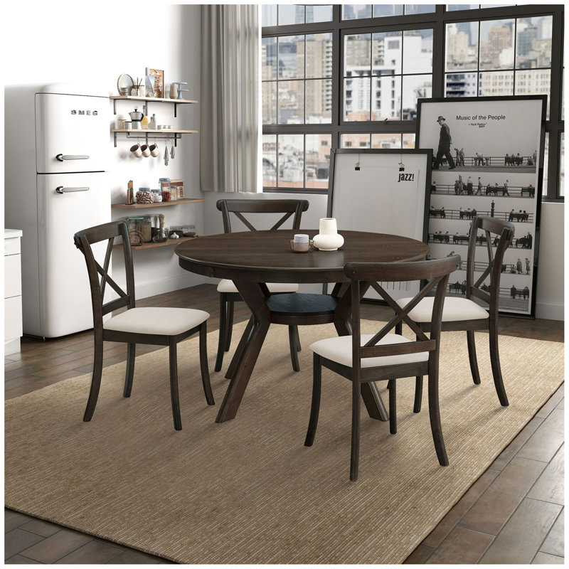 Table de salle à manger 47,24 "en bois d'hévéa rond pour 4-6 avec base en bois, Brun