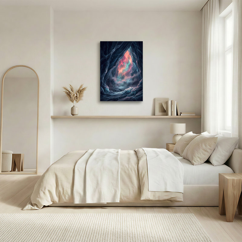 Tableau sur toile représentant une nébuleuse rose et turquoise vue de l'entrée d'une grotte de glace dentelée
