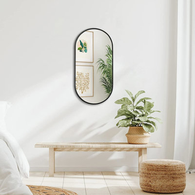 Miroir ovale noir de 20 po x 33 po avec cadre en alliage d'aluminium de haute qualité et protection incassable, convenant à un mur intérieur en métal contemporain, remplisseur de verre sans déformation de 4 mm, simple