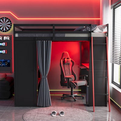 Lit mezzanine pleine grandeur pour enfants avec bureau intégré, armoire et tablettes, rideaux, poste de travail avec lumières RVB, moderne, chambre d'adolescent