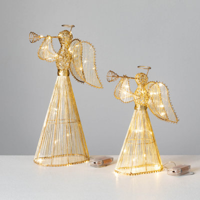 16.5" & 12.5" Christmas Lighted Gold Angel Set of 2