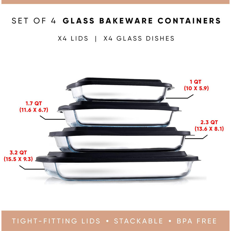 8Pc Glass Bakeware Set. 4X Baking Pan Dishes And 4X Baking Dish Lids For Kitchen Storage, Deep Baking Sheet, Oven Tray, Rectangle Casserole Dish, Lasagna Pans, Cake Baking Sheets