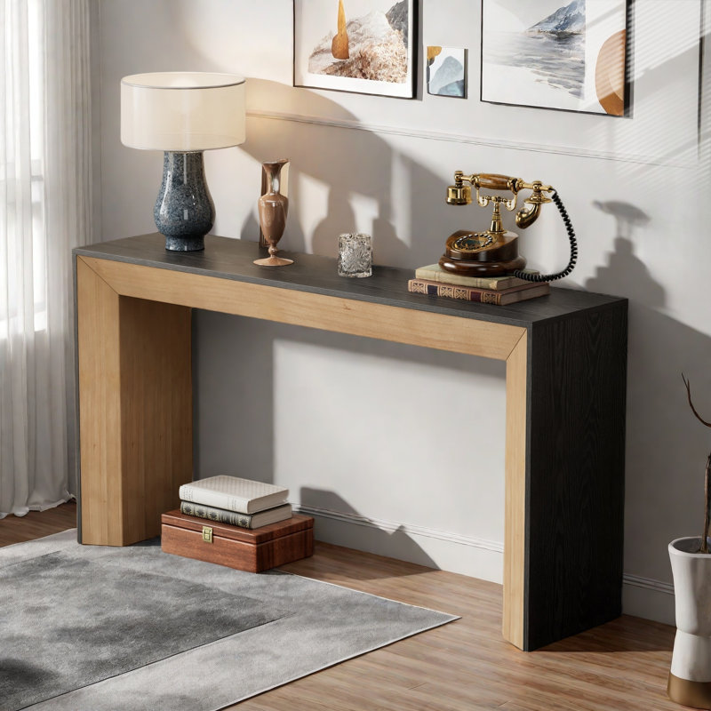 Console élégante avec motifs de grain naturel et pieds robustes, Noir / brun