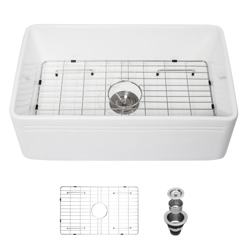 Tablier 30 po - Évier de cuisine en céramique à l'avant, réversible pour différentes installations, grille à vaisselle en acier inoxydable 304 et crépine, Scratch